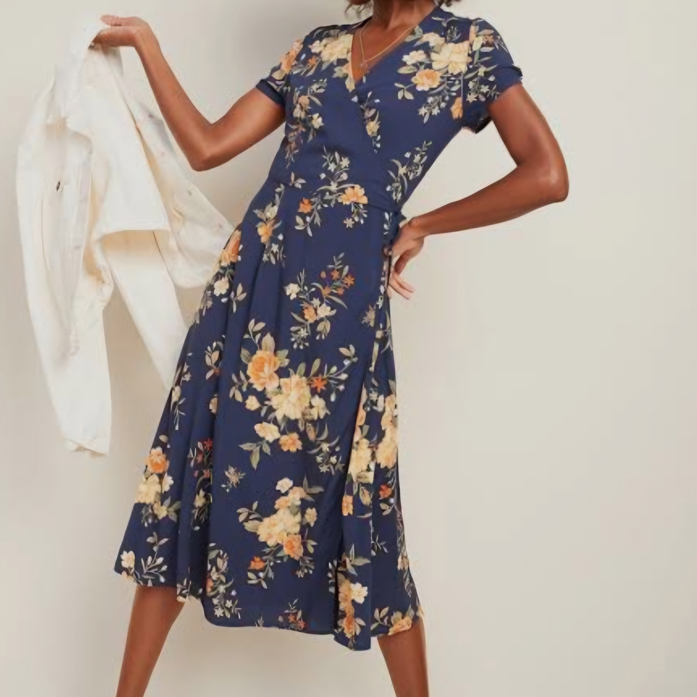 Old Navy Blue and Yellow Flutter Sleeve Midi Dress
